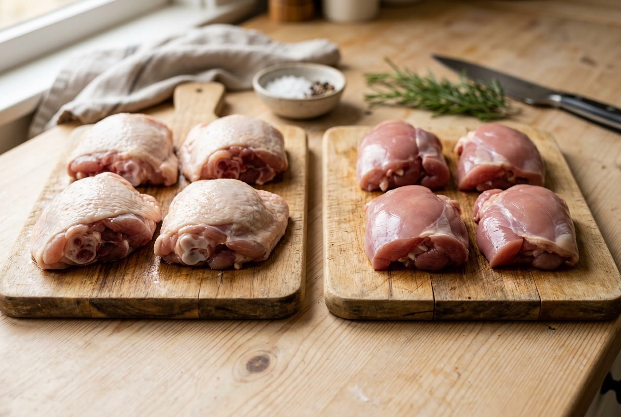 Two wooden cutting boards side by side with raw bone-in chicken thighs on one and raw boneless chicken thighs on the other, displayed on a kitchen countertop.