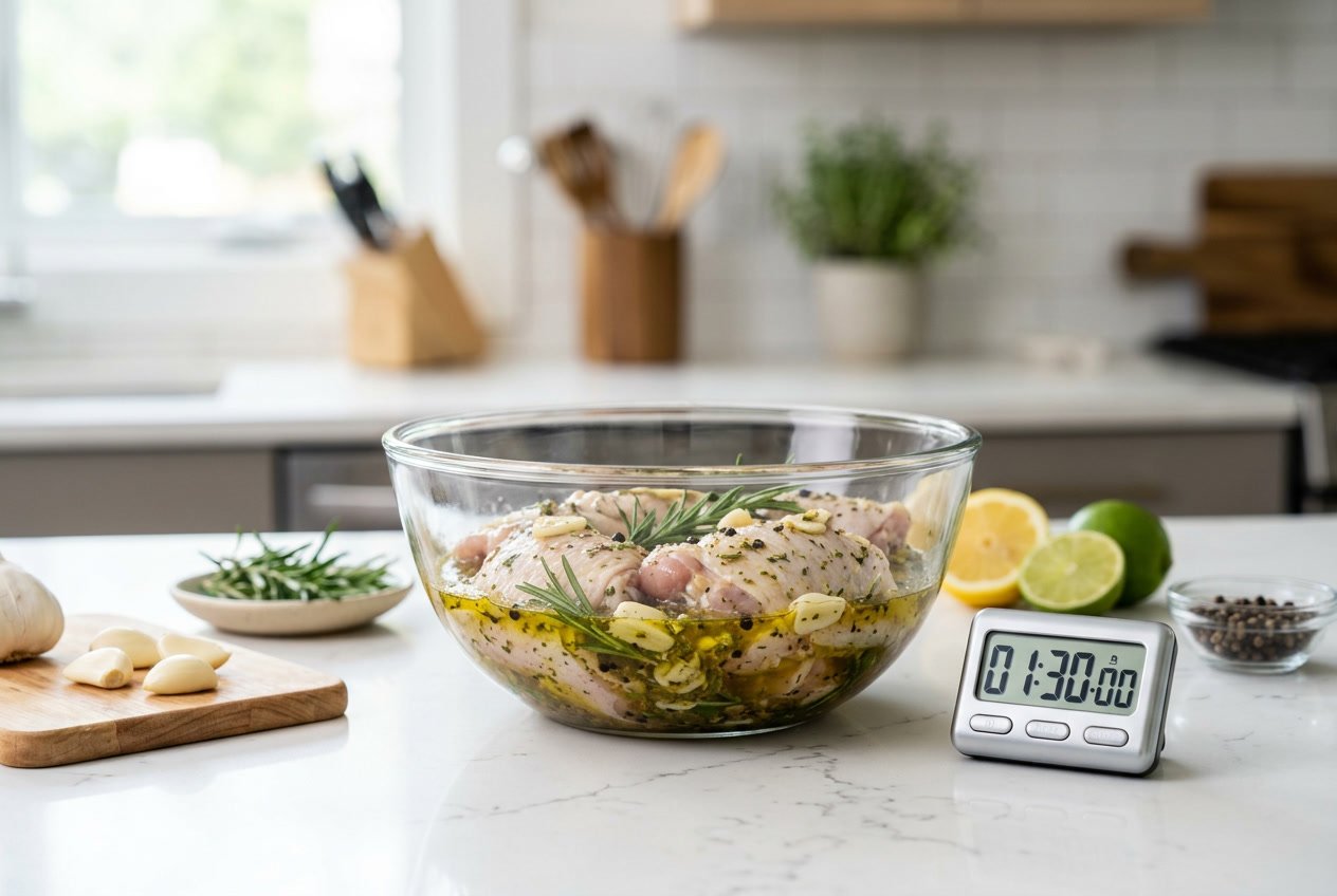 A kitchen countertop with a glass bowl of raw chicken thighs marinating in herbs and spices, a kitchen timer, and fresh ingredients nearby.