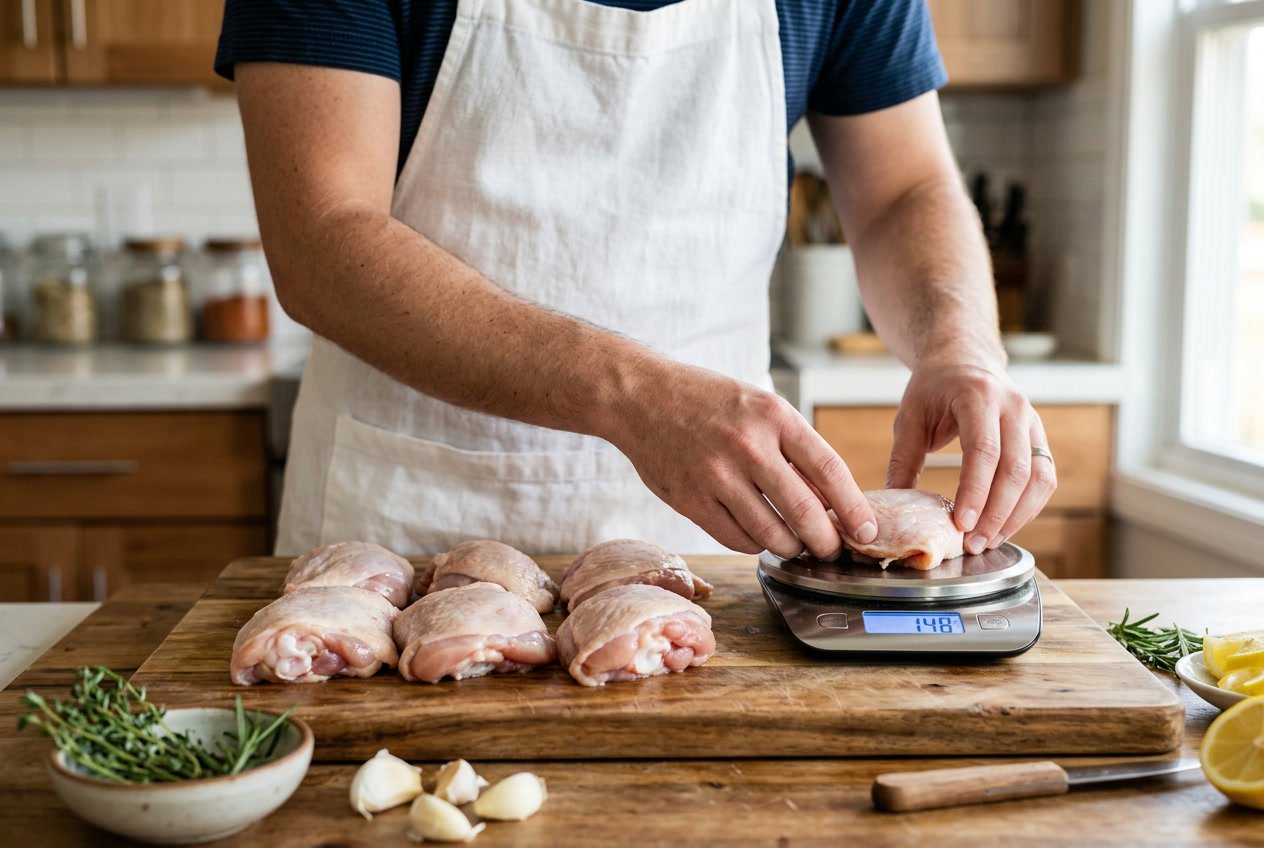 Hands measuring raw chicken thighs on a cutting board surrounded by fresh ingredients in a kitchen.