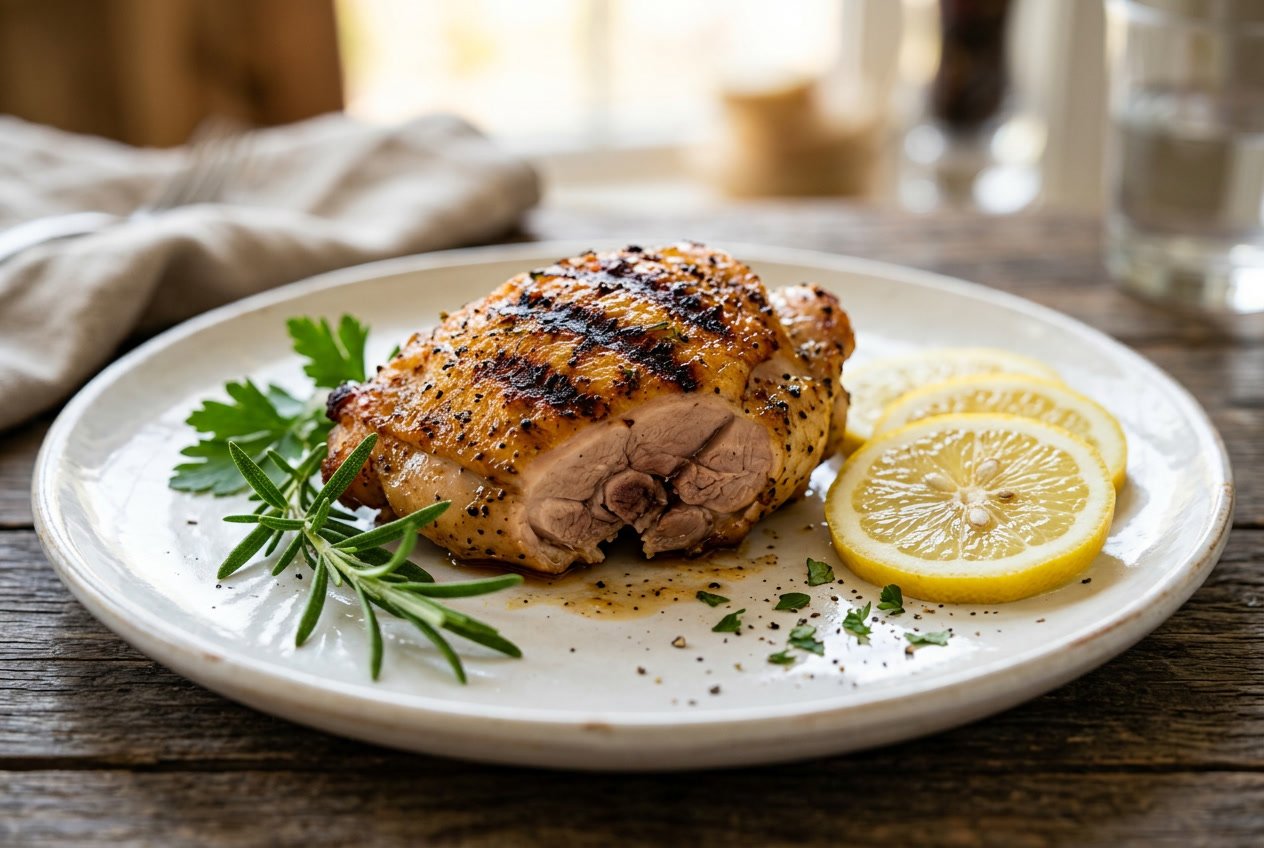 A cooked chicken thigh with crispy golden brown skin on a white plate garnished with green herbs and lemon slices.