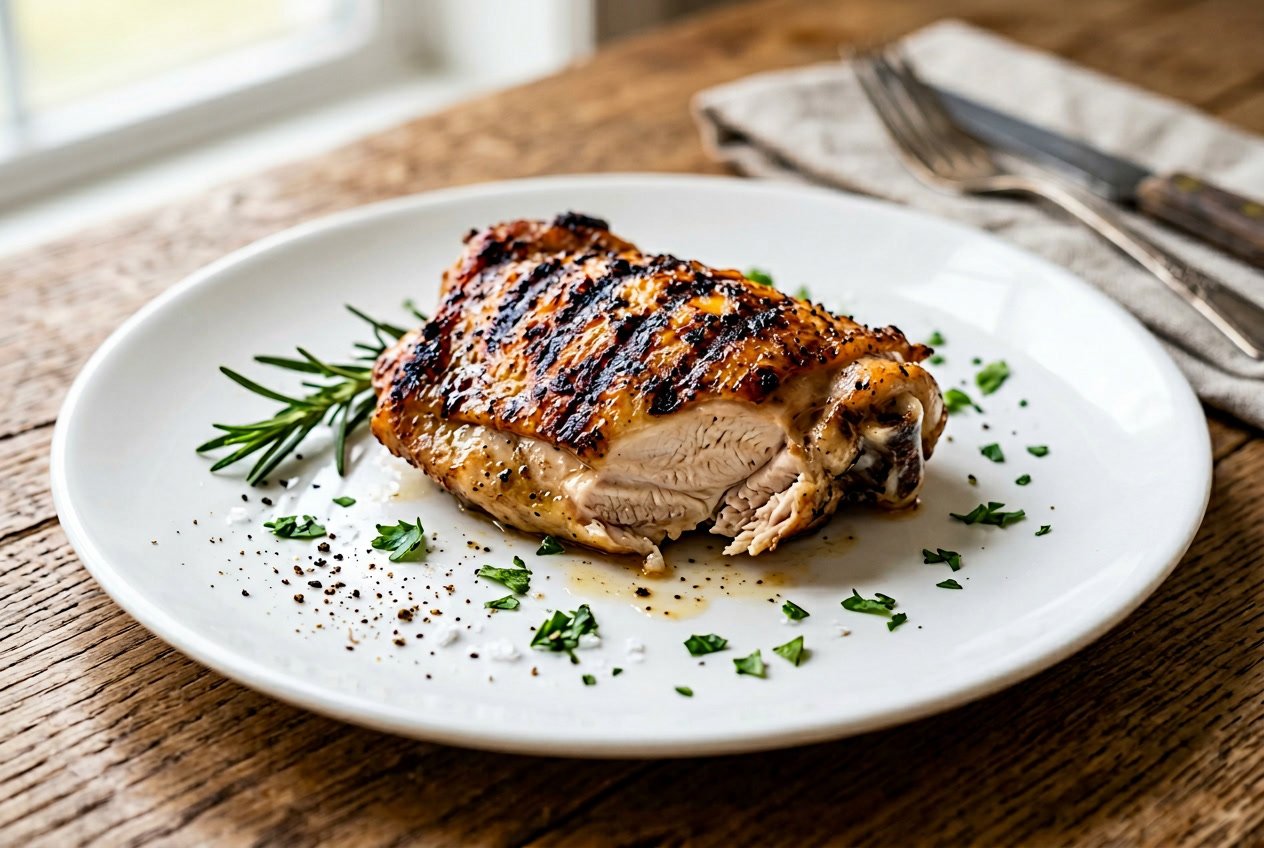 A cooked chicken thigh with golden brown crispy skin on a white plate, garnished with fresh herbs.