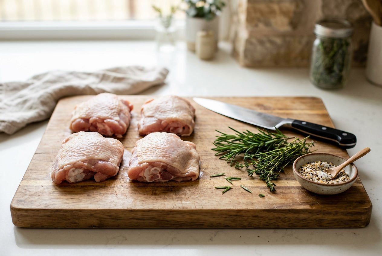 Raw chicken thigh portions arranged on a wooden cutting board with fresh herbs and a kitchen knife nearby.