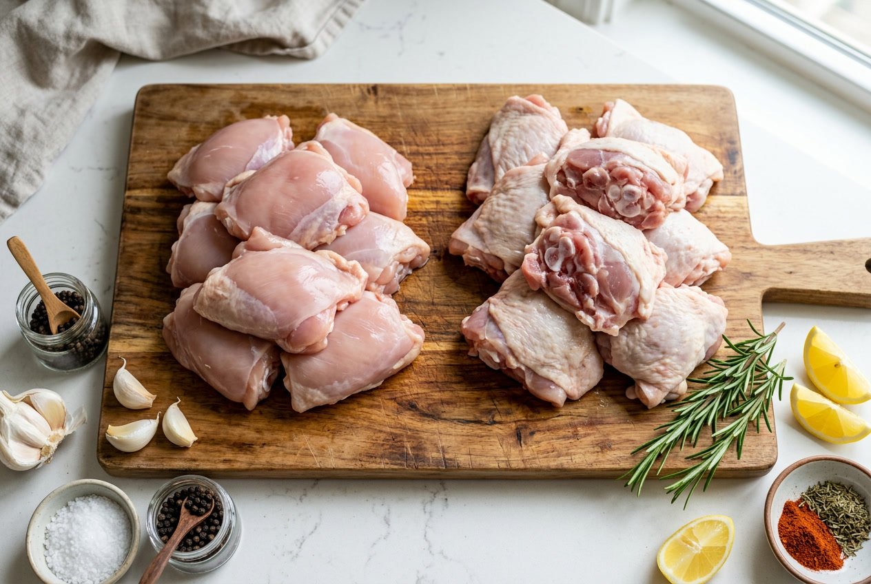 Top-down view of a wooden cutting board with separate piles of raw boneless and bone-in chicken thighs surrounded by fresh herbs and spices.