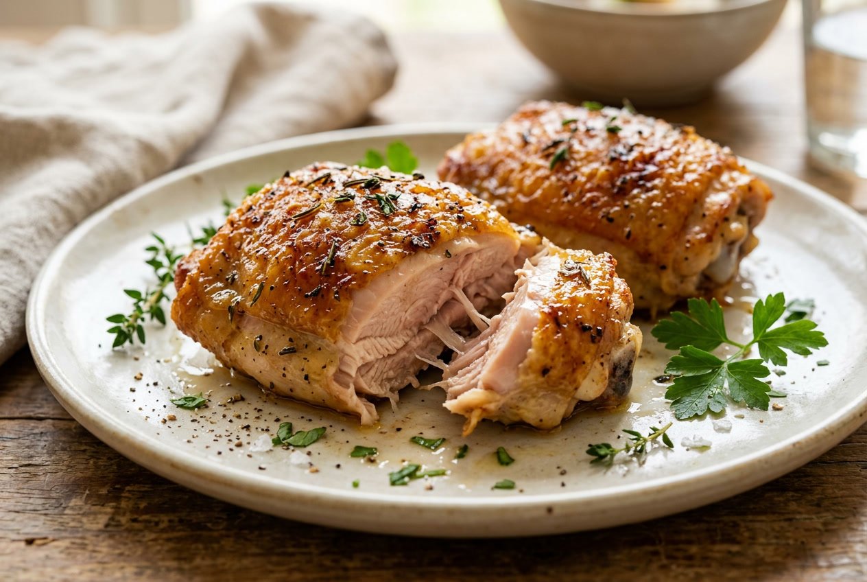 Close-up of cooked chicken thighs on a white plate, showing golden brown crispy skin and tender, juicy meat.