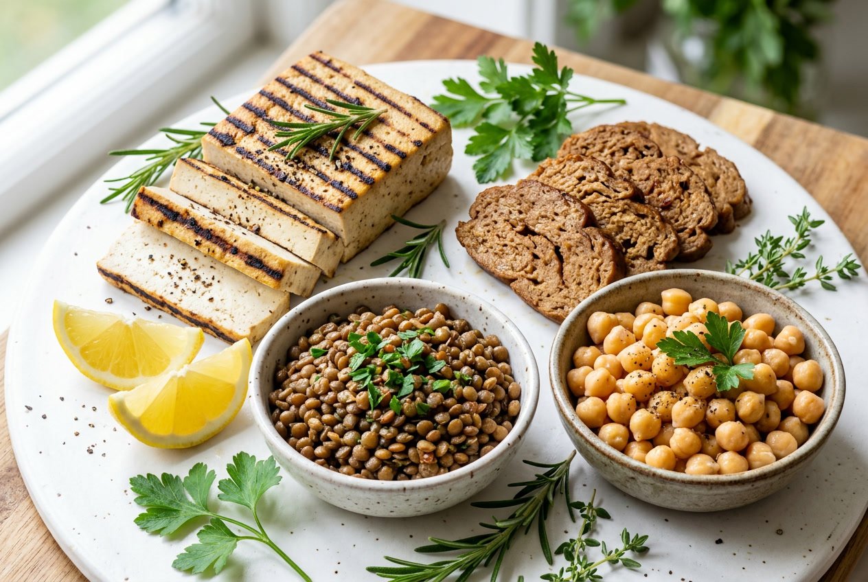 A selection of alternative protein foods including grilled tofu, seitan slices, lentils, and chickpeas arranged with fresh herbs and lemon wedges on a white surface.