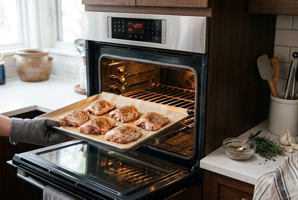 Raw seasoned chicken thighs on a baking tray inside an open oven set to 425 degrees, with herbs and spices on the kitchen counter nearby.