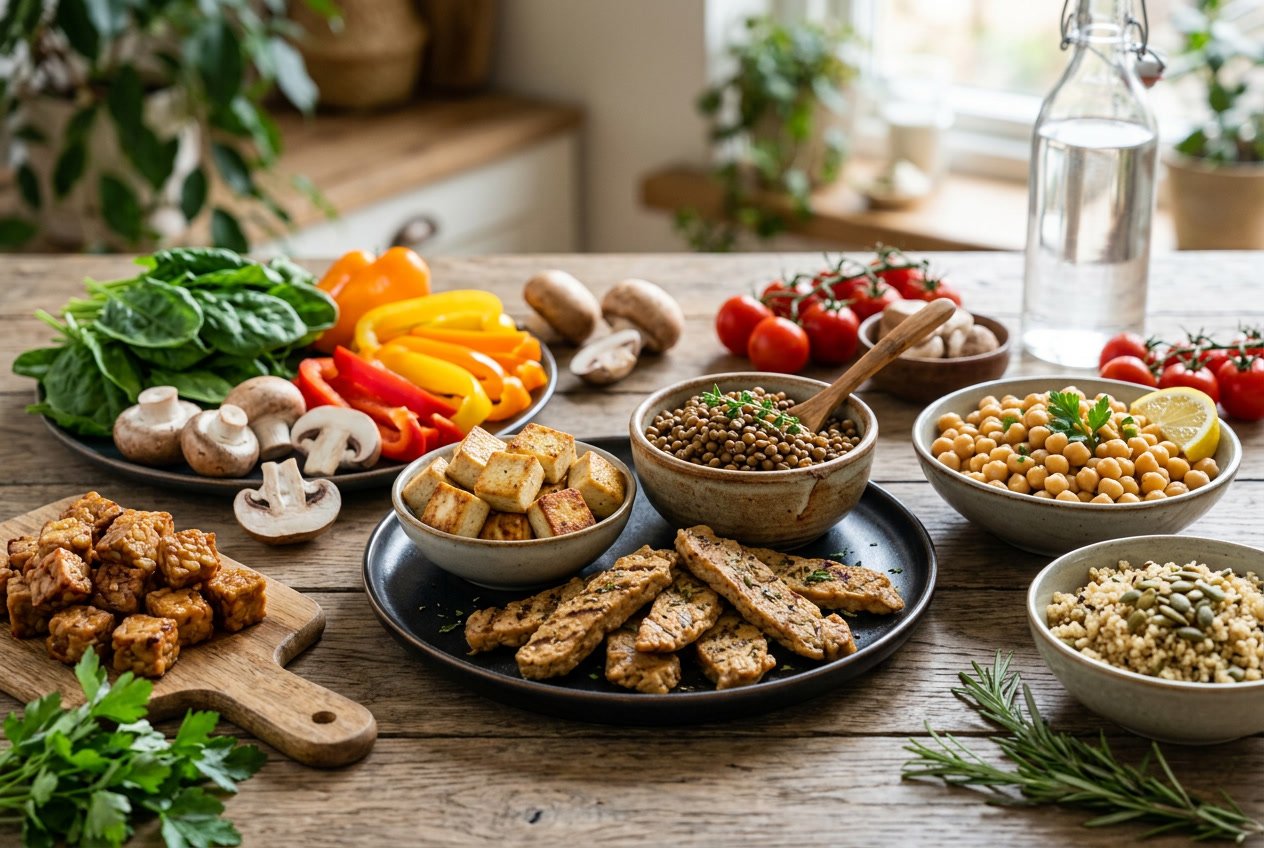 A table displaying various alternative protein foods including plant-based meat, tofu, lentils, chickpeas, and fresh vegetables.