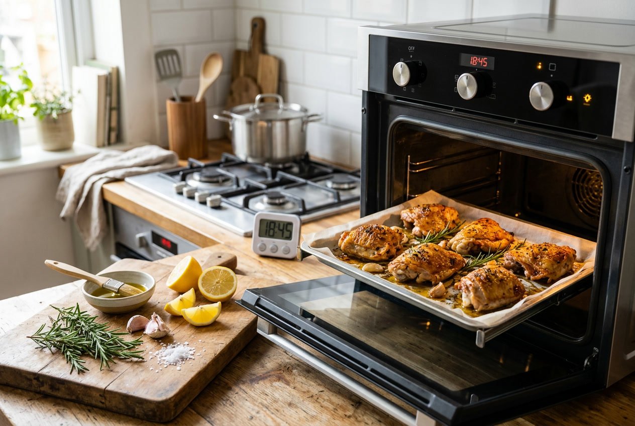 Oven with a tray of cooked chicken thighs inside, surrounded by fresh herbs and kitchen utensils.