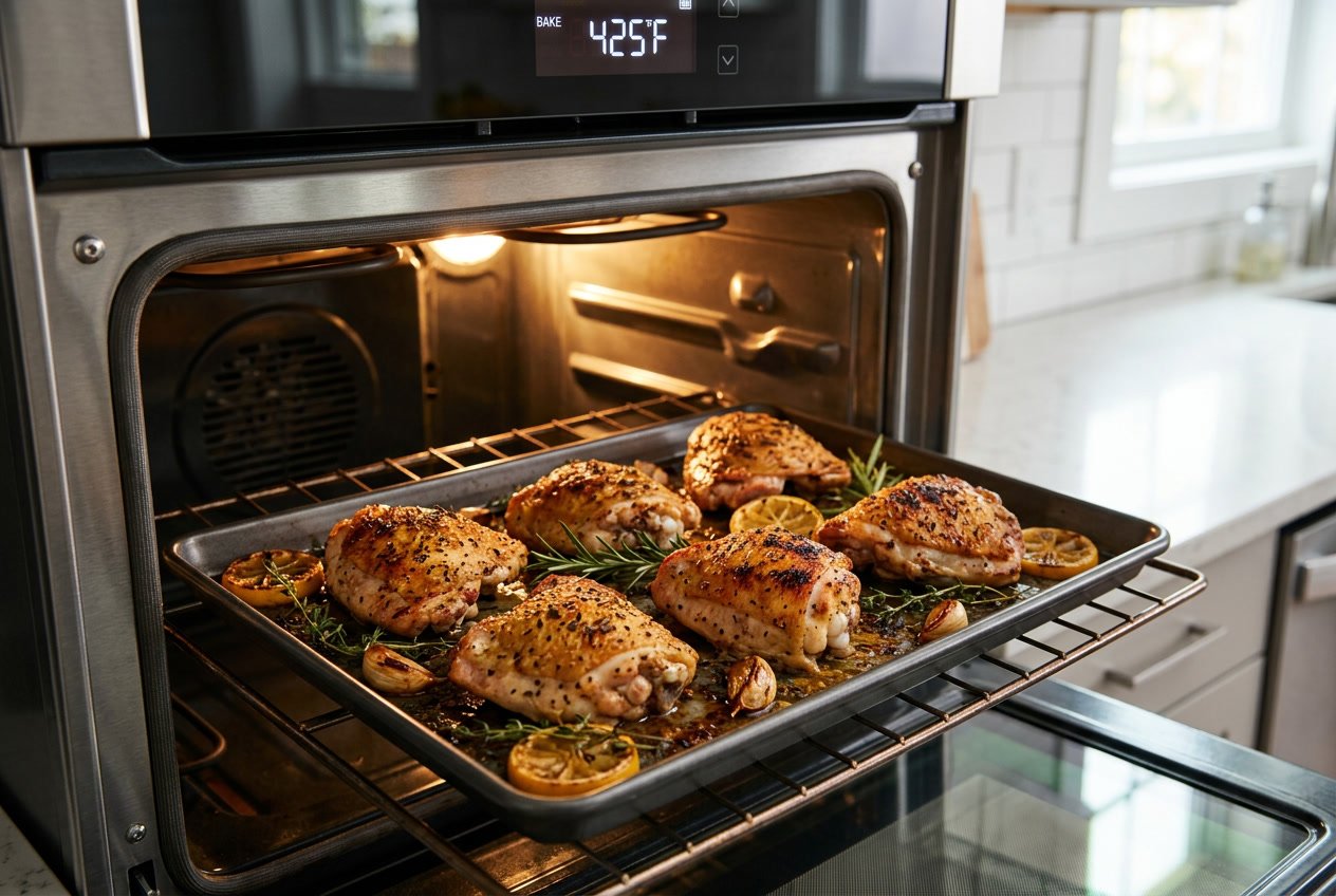 Baked chicken thighs with golden-brown skin on a tray inside a modern oven with fresh herbs and lemon slices.