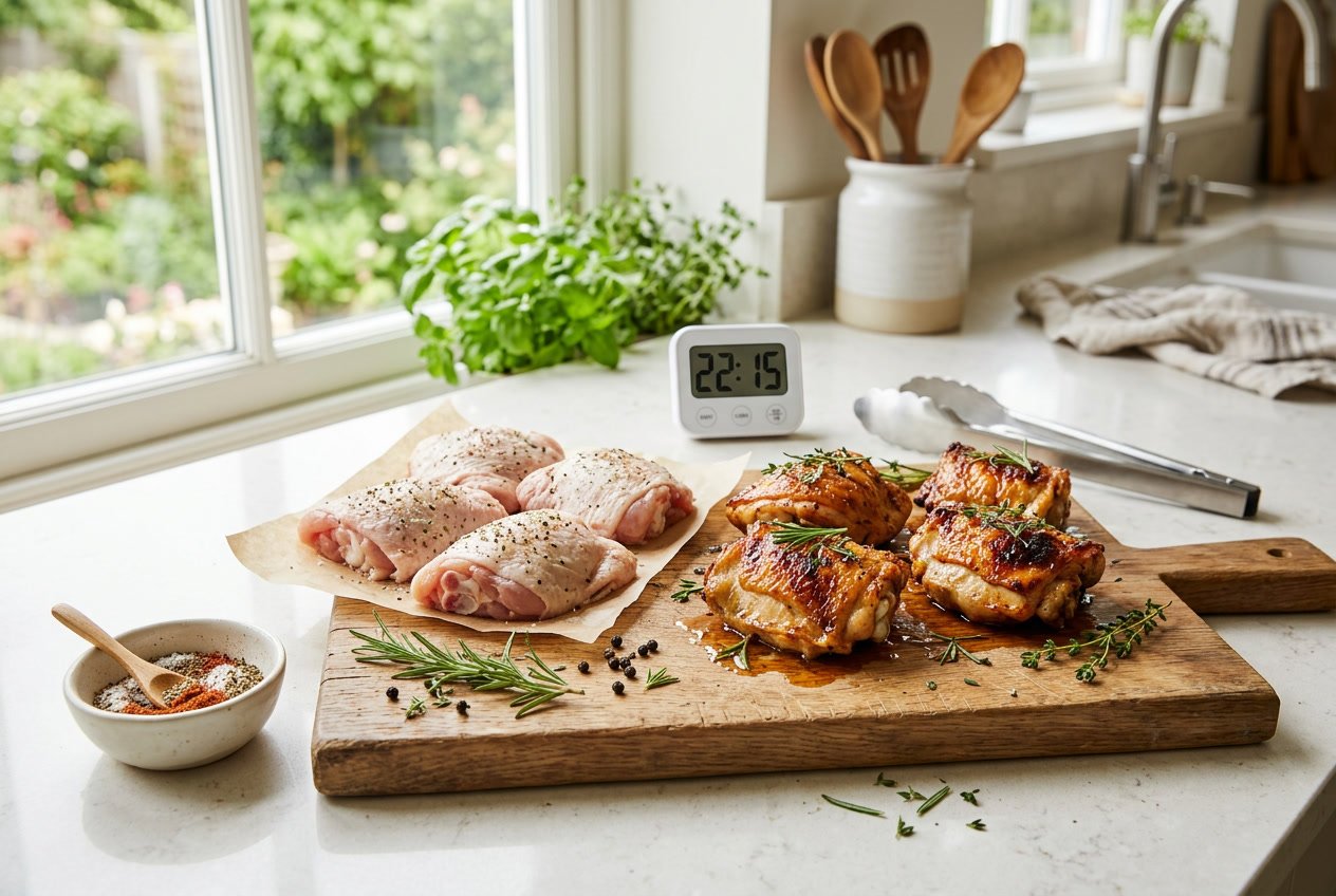 Raw and cooked chicken thighs on a wooden cutting board with herbs, a kitchen timer, and cooking utensils on a kitchen countertop.