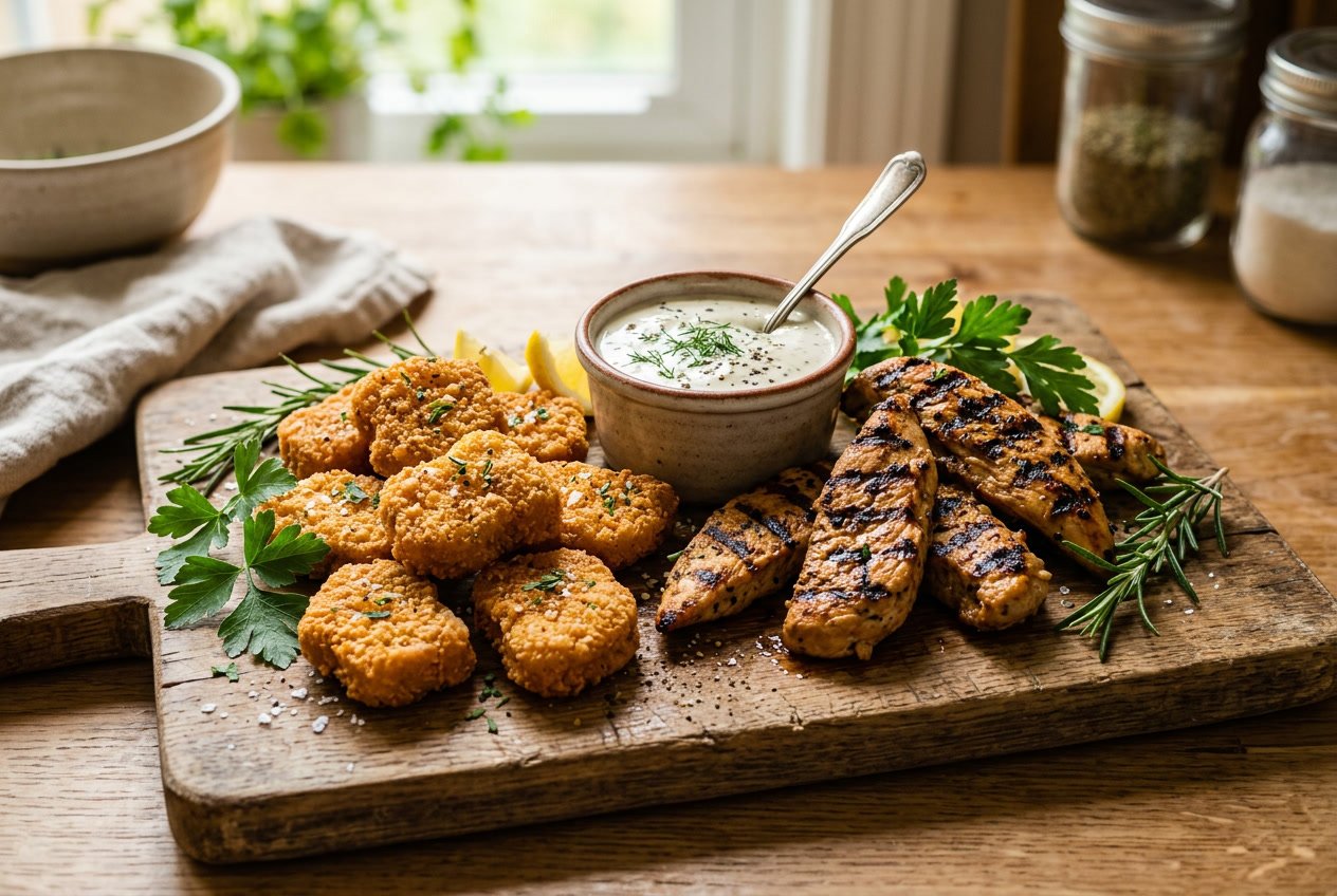 A wooden cutting board with crispy plant-based chicken nuggets, grilled plant-based chicken strips, a bowl of dipping sauce, and fresh herbs on a blurred background.
