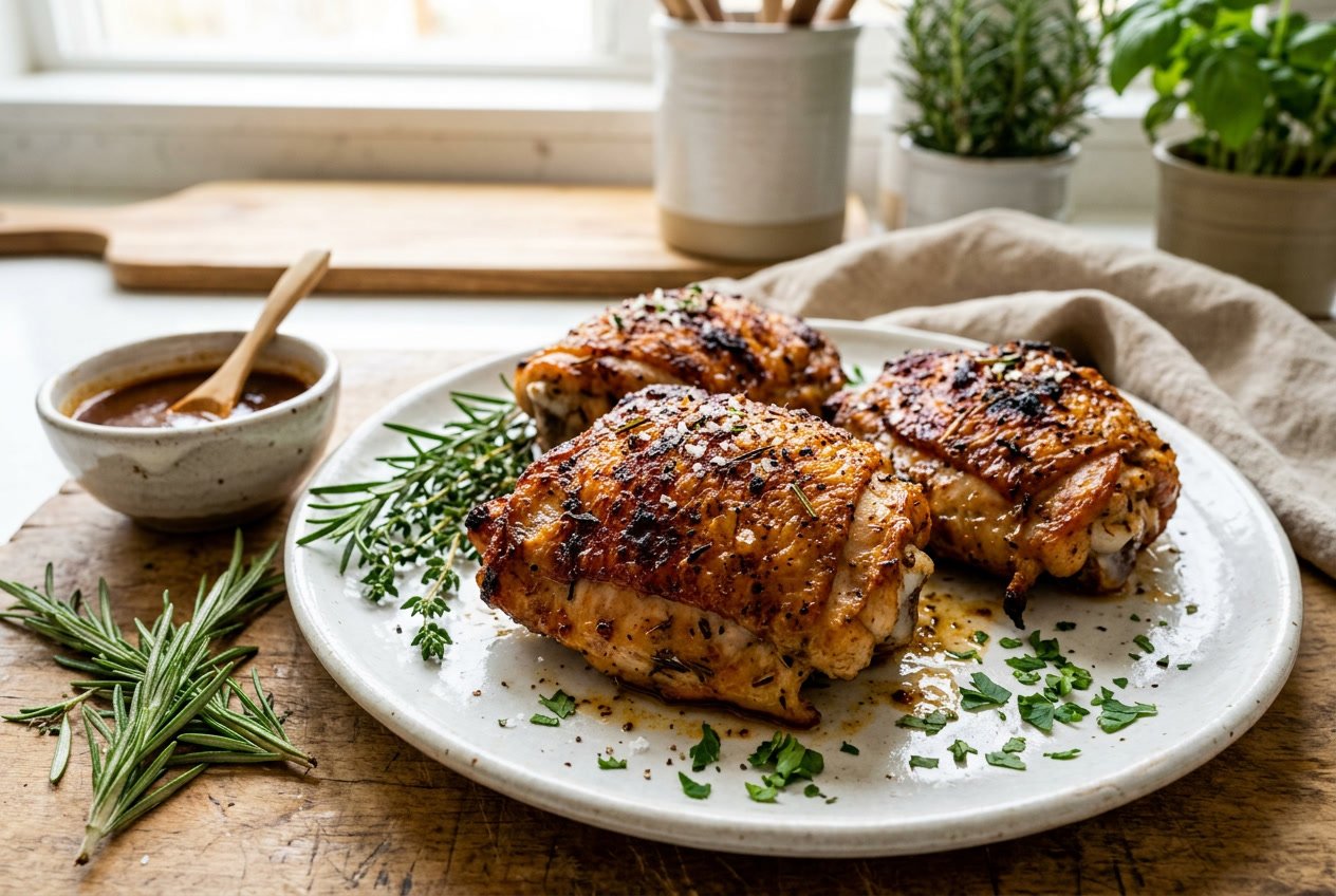 A plate of cooked chicken thighs with crispy skin, garnished with fresh herbs and a small bowl of sauce on a kitchen countertop.