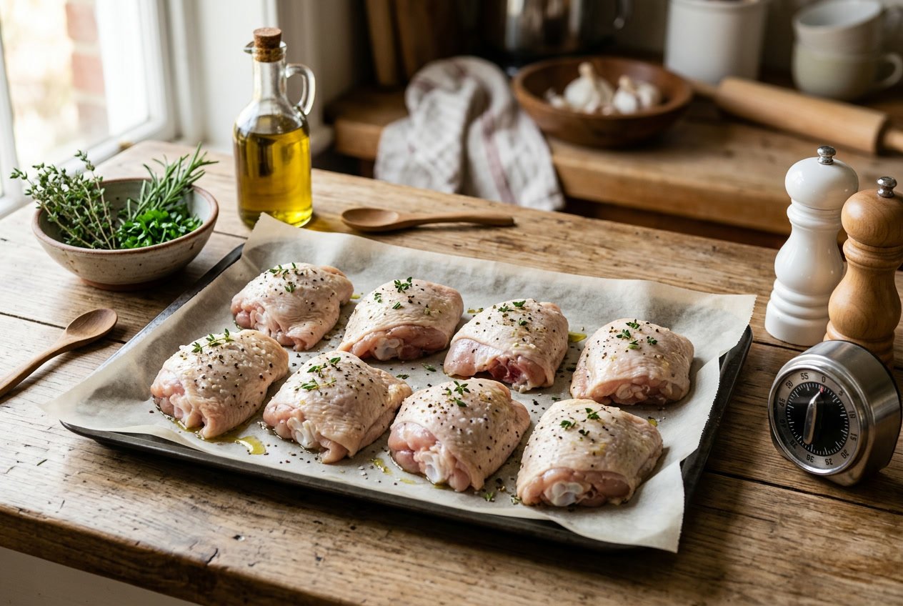 Close-up of raw chicken thighs on a baking tray with herbs, olive oil, salt, pepper, and a kitchen timer on a wooden countertop.