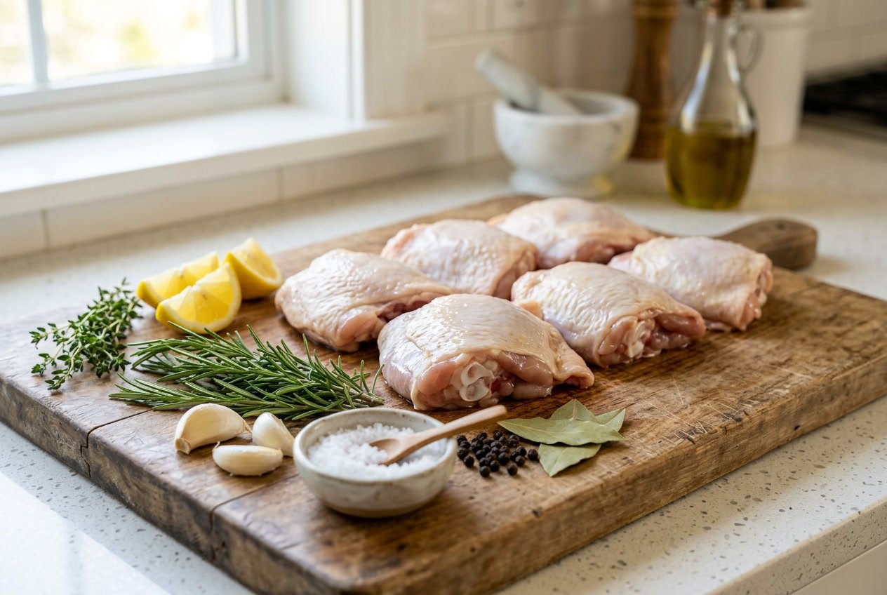 Close-up of raw chicken thighs on a wooden cutting board surrounded by garlic, rosemary, lemon wedges, and sea salt on a kitchen counter.