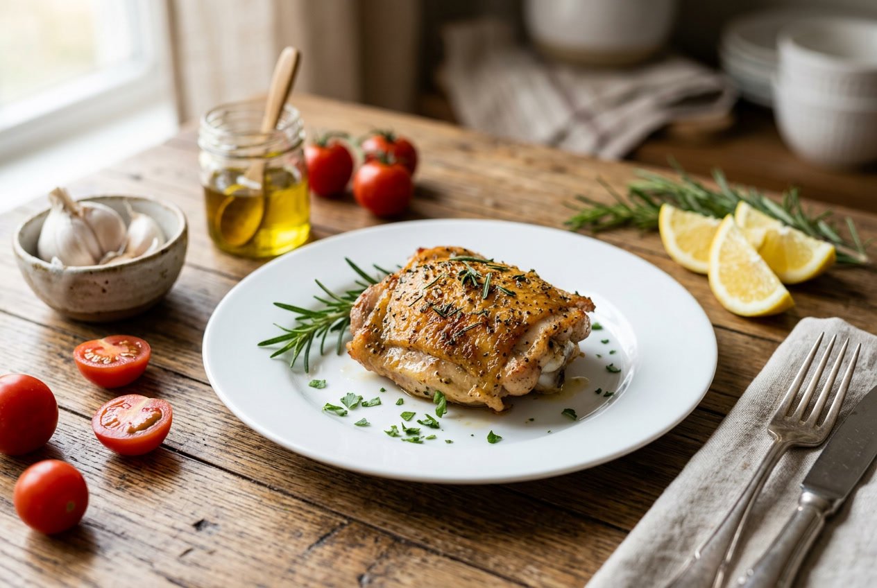 A cooked chicken thigh on a white plate garnished with herbs, surrounded by garlic, cherry tomatoes, lemon slices, and olive oil on a wooden table.