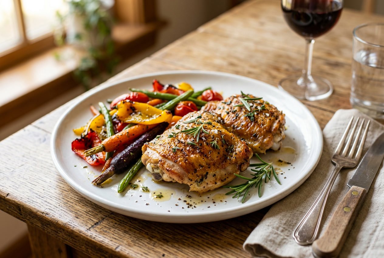 A plate with golden brown chicken thighs garnished with herbs, served with roasted vegetables on a wooden table.