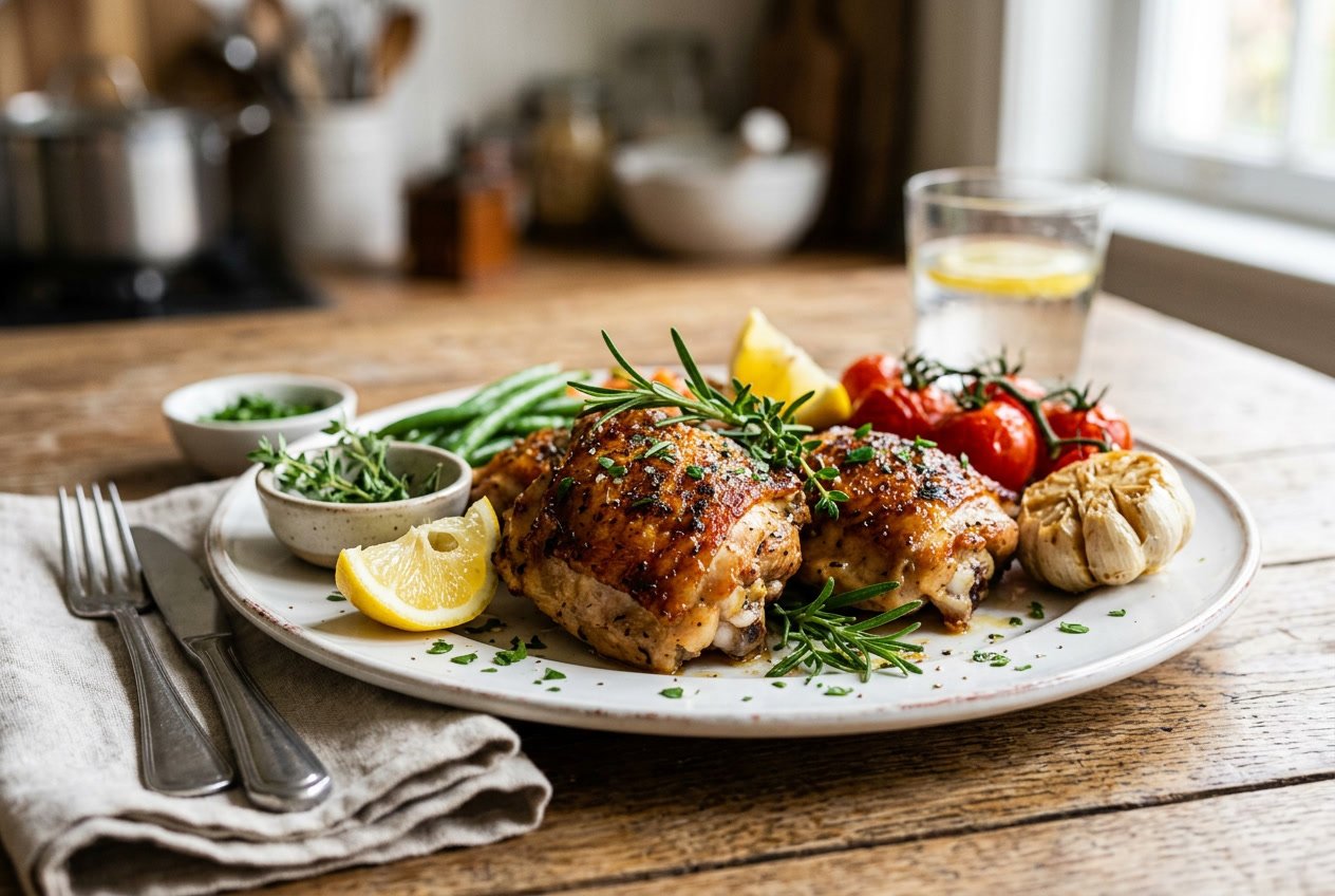 A plate of cooked chicken thighs garnished with fresh herbs and surrounded by fresh vegetables and lemon wedges.