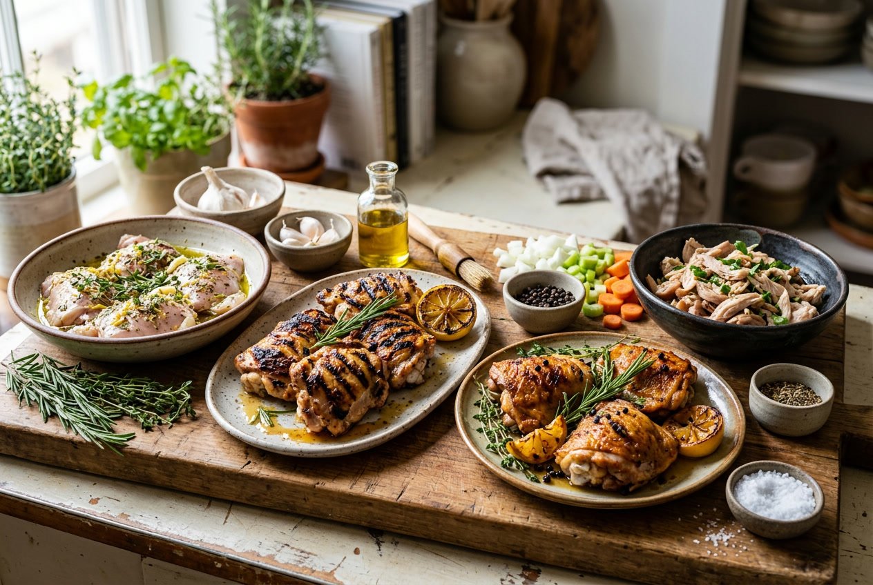An assortment of raw and cooked chicken thighs displayed with herbs, spices, and cooking ingredients on a wooden board and plates in a kitchen setting.