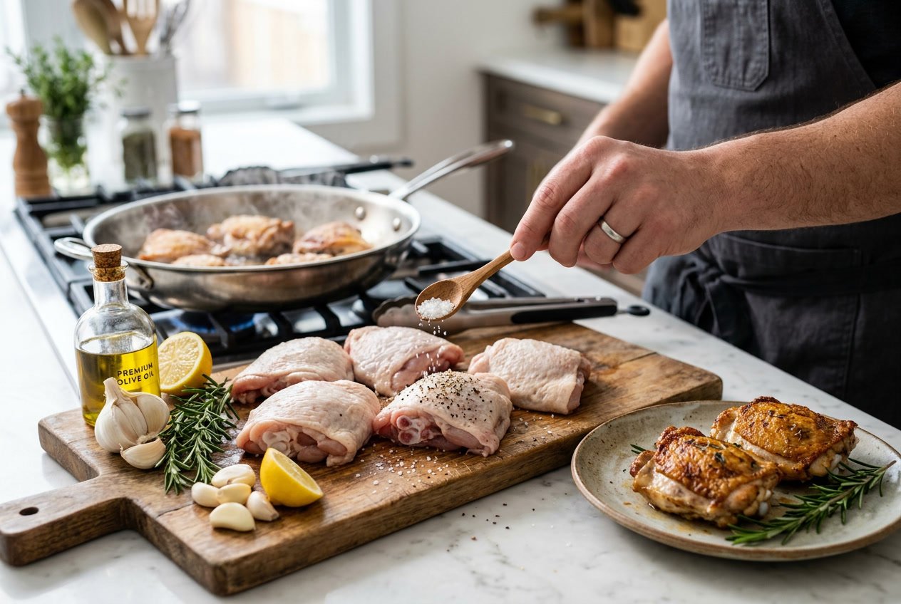A kitchen scene with raw and cooked chicken thighs on a cutting board and plate, fresh ingredients nearby, and a hand seasoning the chicken.