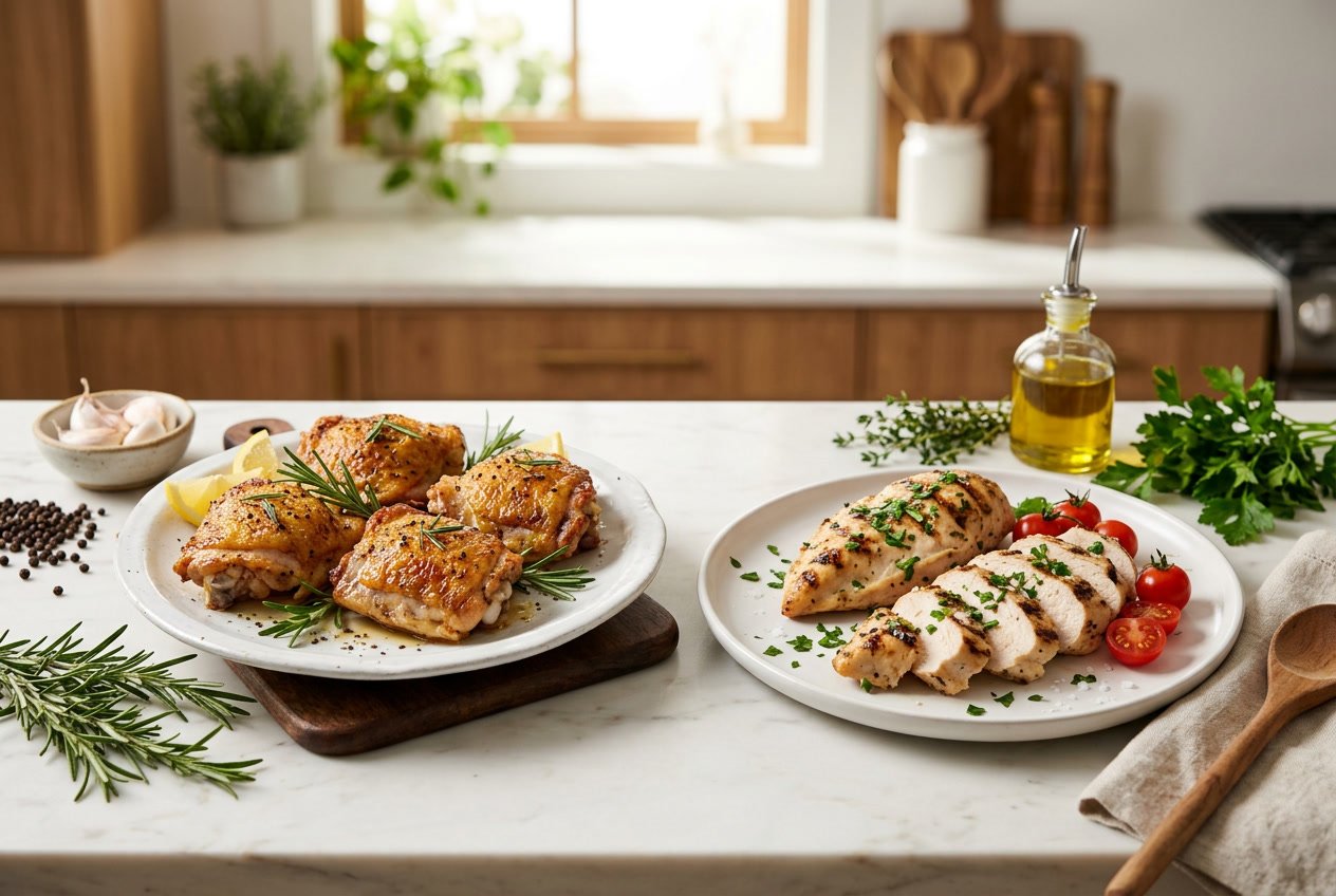 Two plates on a kitchen counter, one with cooked chicken thighs and the other with sliced chicken breasts, surrounded by fresh herbs and ingredients.