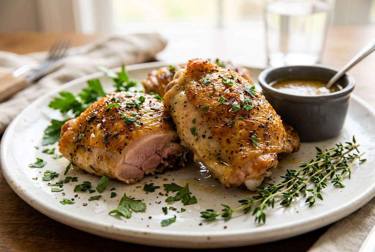 Close-up of cooked chicken thighs on a plate with herbs and a small bowl of sauce.