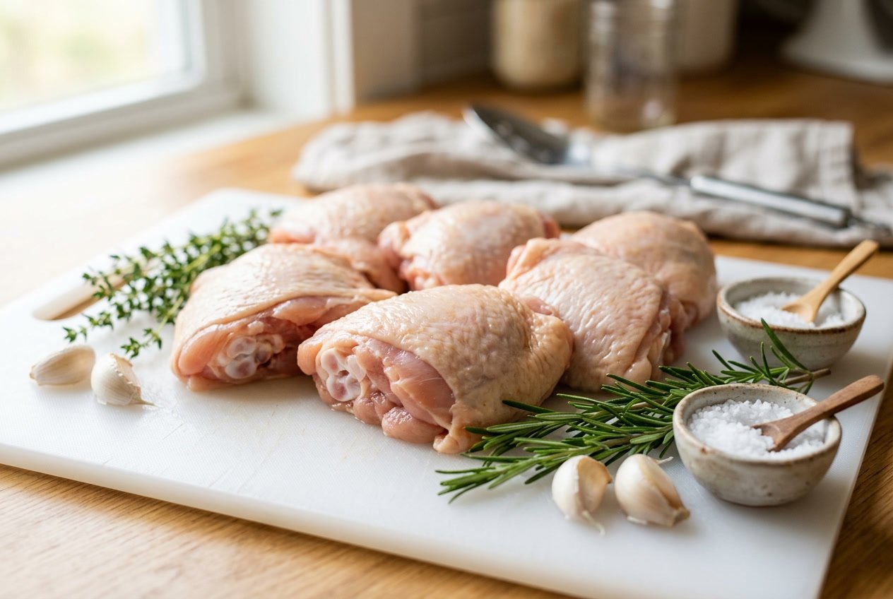 Close-up of raw chicken thighs with a slight pink color on a white cutting board, surrounded by fresh herbs and garlic.