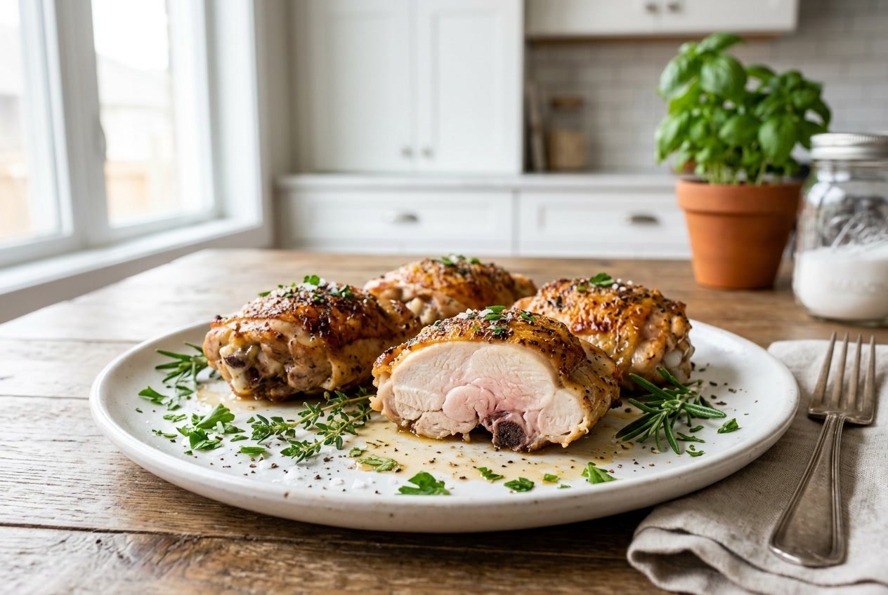 A plate of cooked chicken thighs, one cut open to show the inside, garnished with fresh herbs on a kitchen counter.