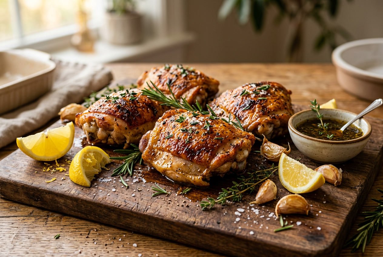 Close-up of cooked chicken thighs on a wooden cutting board garnished with herbs and lemon wedges.