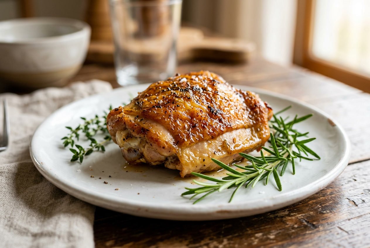 A golden-brown cooked chicken thigh on a white plate garnished with fresh herbs.