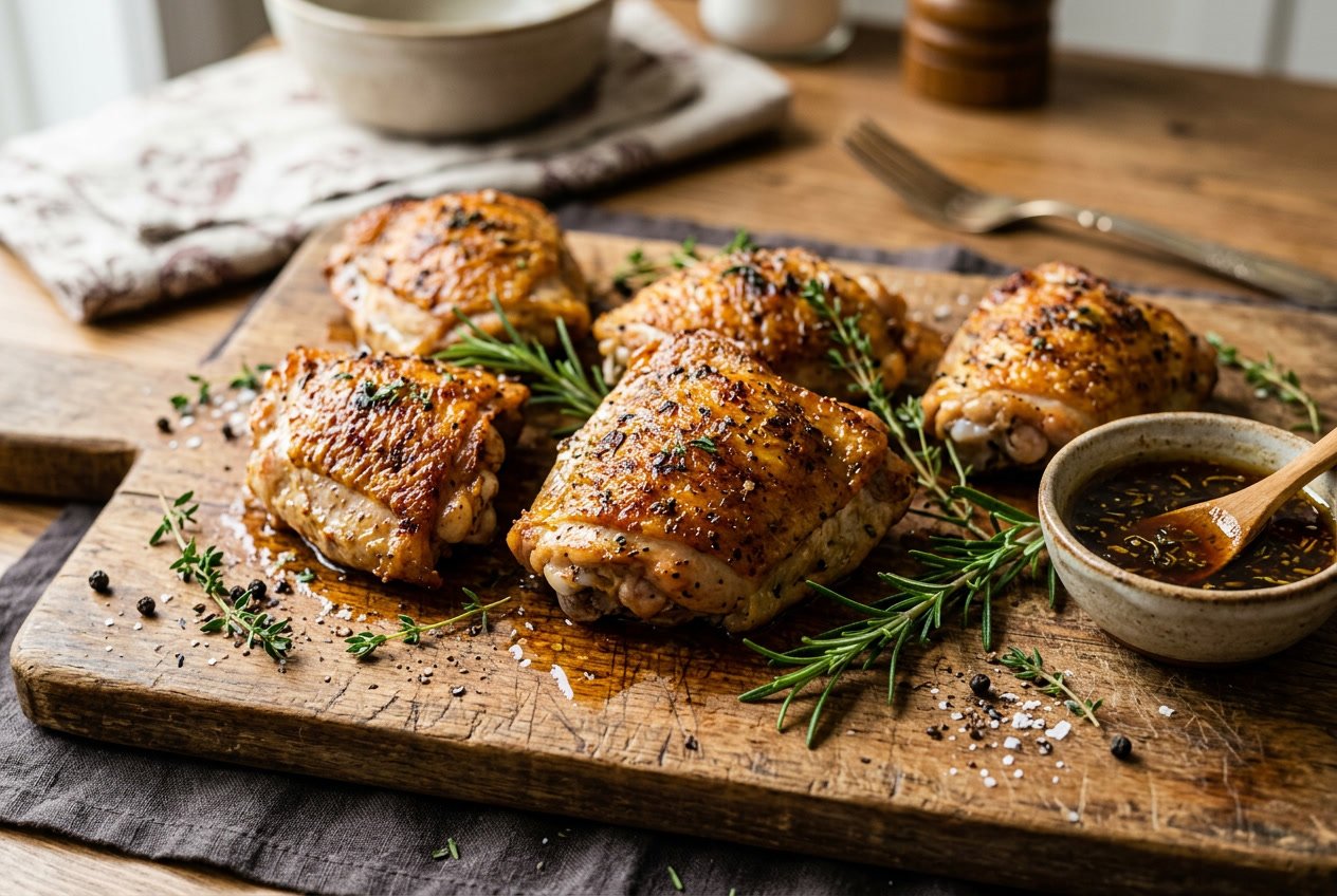 Close-up of cooked chicken thighs with crispy skin on a wooden cutting board, garnished with fresh herbs and a small bowl of sauce.