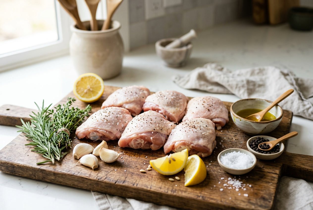 Raw chicken thighs on a wooden cutting board with herbs, garlic, lemon wedges, and olive oil on a kitchen countertop.