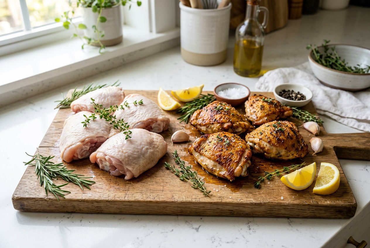 Raw and cooked chicken thighs displayed on a wooden cutting board with herbs, garlic, and lemon on a kitchen countertop.
