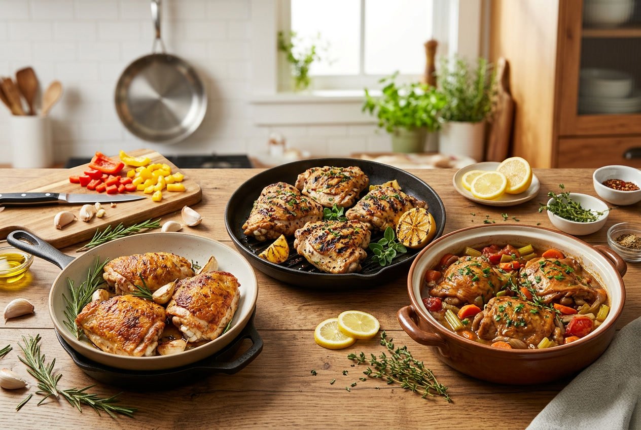 Three different cooked chicken thigh dishes displayed on a kitchen countertop with fresh ingredients and cooking tools around them.