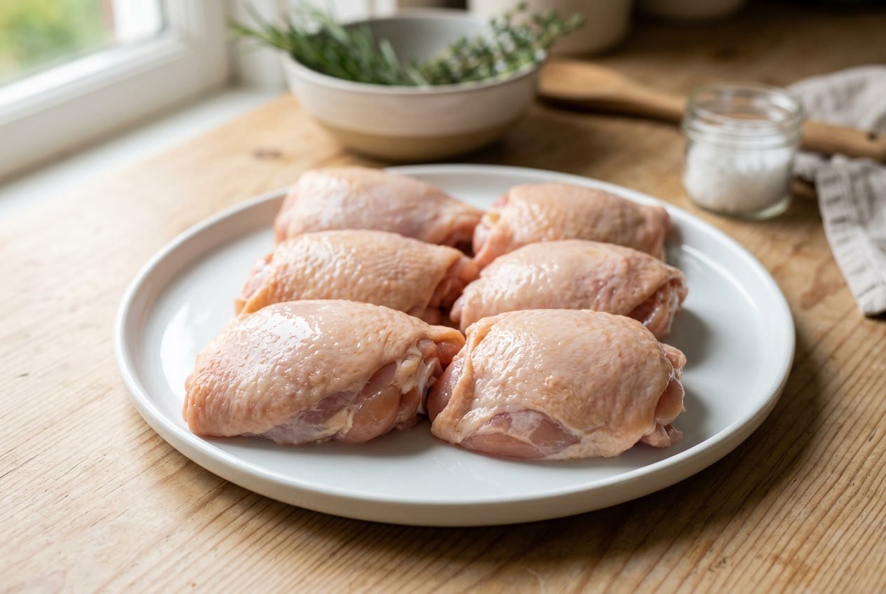 Raw chicken thighs placed on a white plate with fresh herbs on a wooden surface.