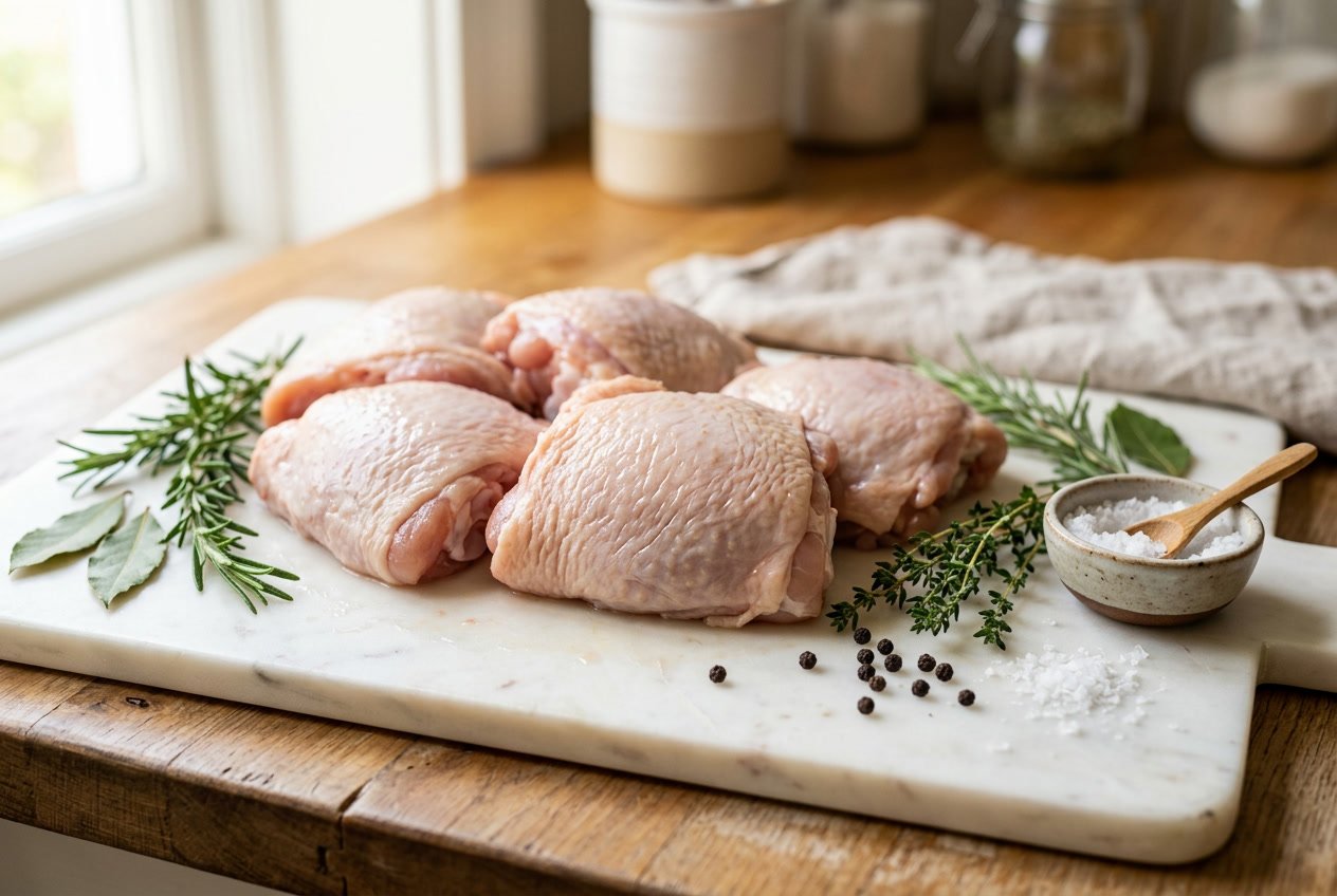 Raw chicken thighs on a white cutting board with fresh herbs and spices around them.