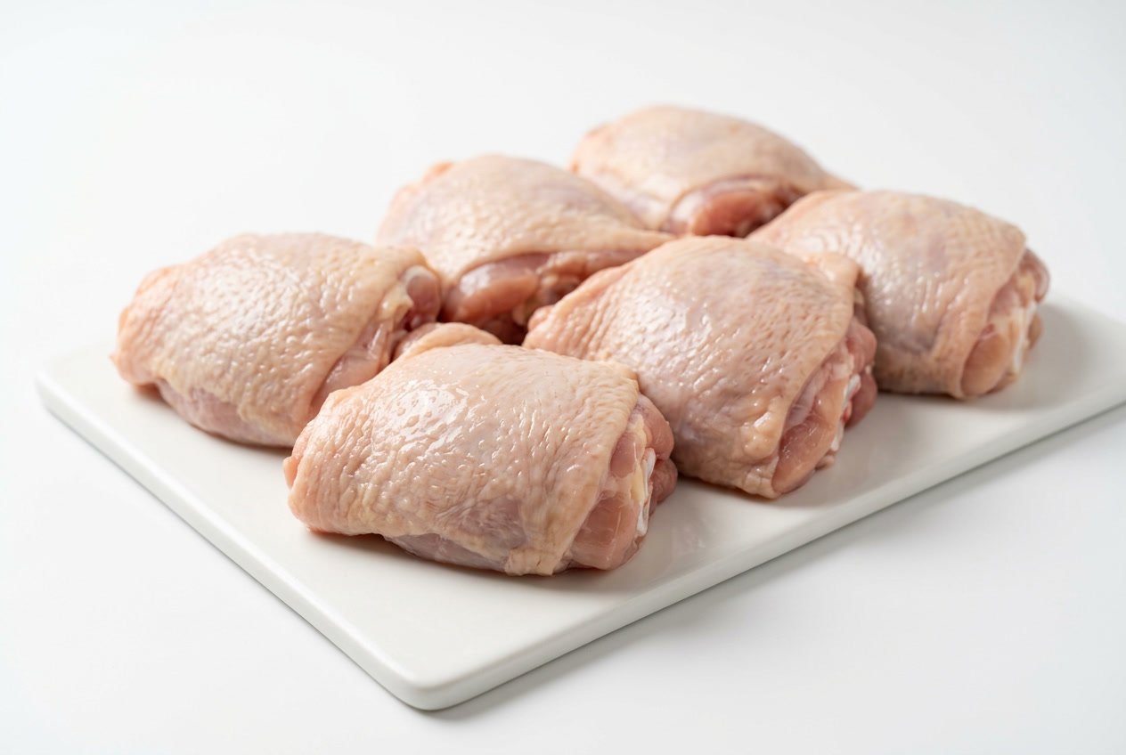 Raw chicken thighs placed on a white surface showing their natural color and texture.