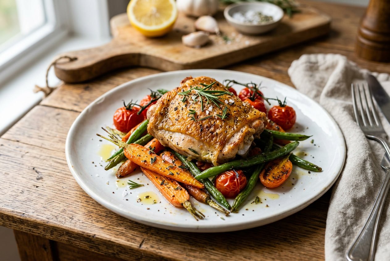 A plated chicken thigh with roasted vegetables on a wooden table, garnished with fresh herbs.