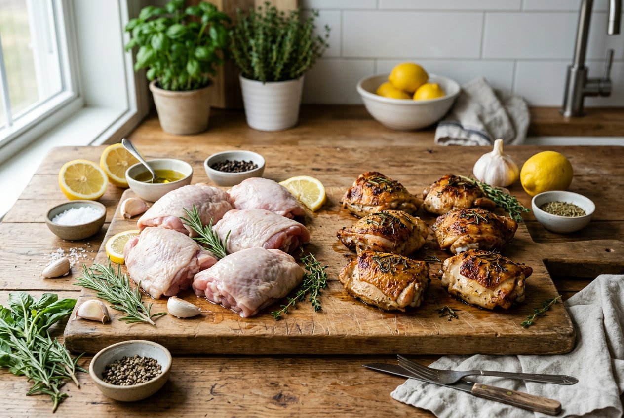 A wooden table with raw and cooked chicken thighs on a cutting board surrounded by herbs, garlic, lemon slices, and spices in a modern kitchen.