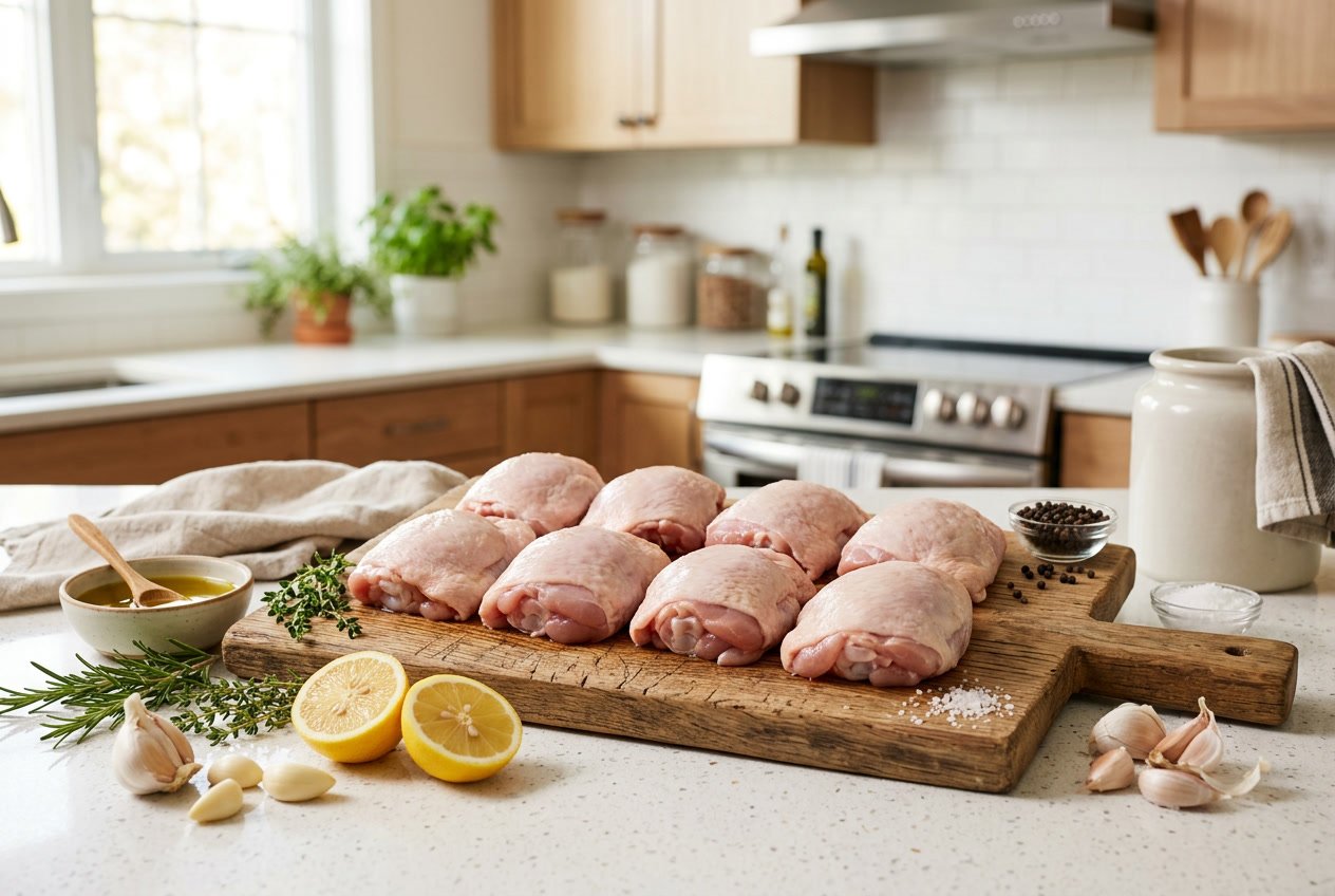 Fresh raw chicken thighs on a cutting board with garlic, herbs, lemon, and olive oil on a kitchen countertop.