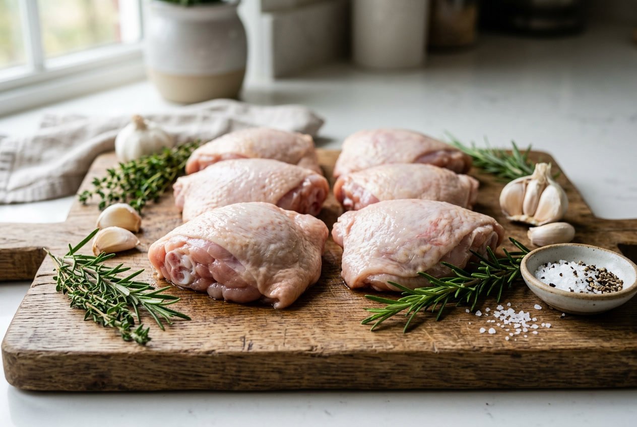 Close-up of raw chicken thighs on a wooden cutting board with herbs and garlic on a kitchen countertop.
