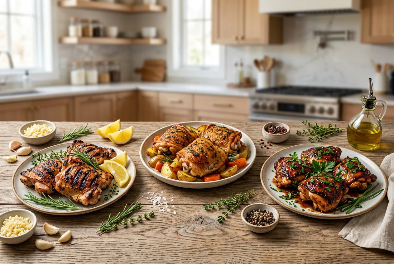 A variety of cooked chicken thigh dishes on a wooden table with fresh herbs and spices around them.