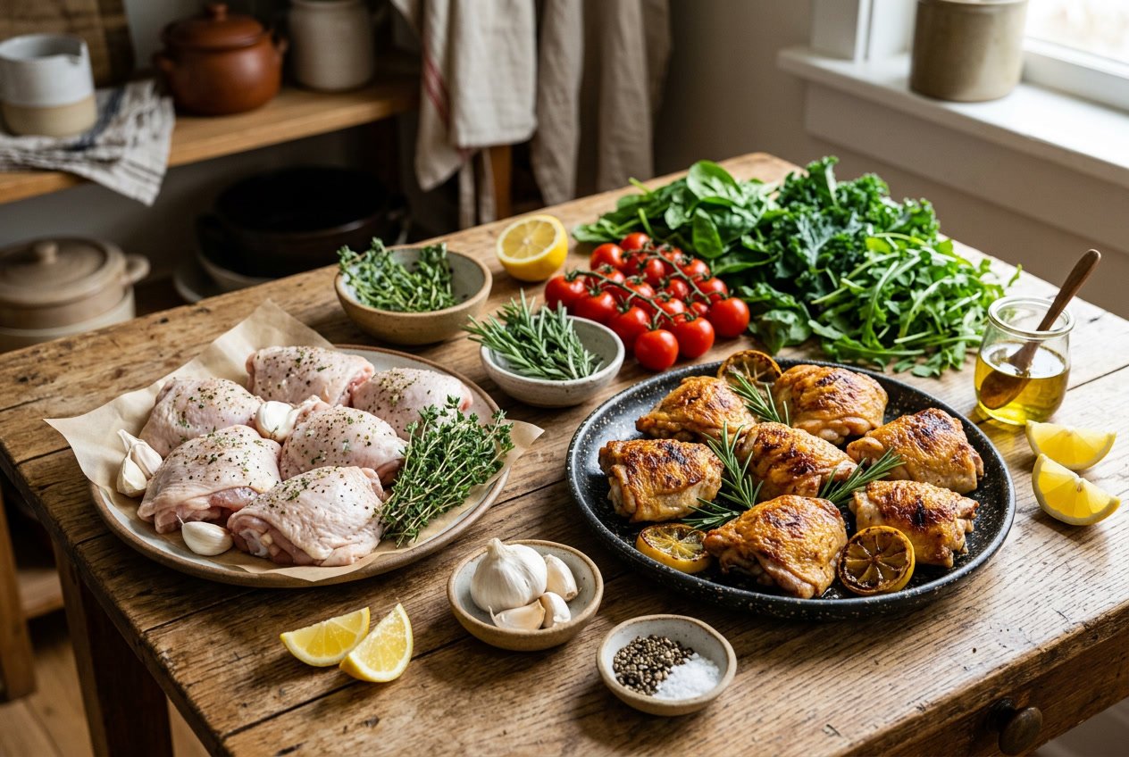 A wooden table with fresh raw and cooked chicken thighs surrounded by vegetables and herbs in a kitchen setting.