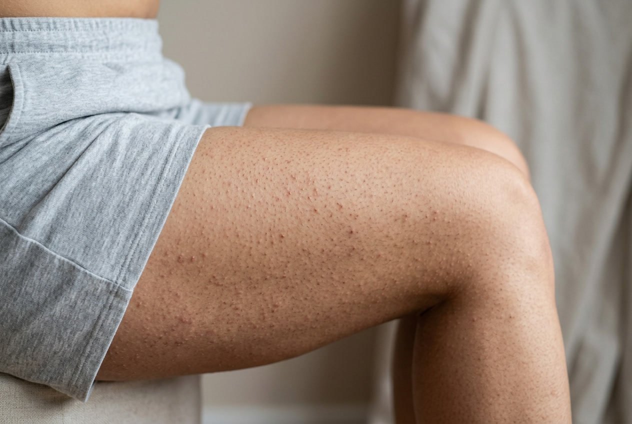 Close-up of a person's upper thighs showing small, rough bumps on the skin.
