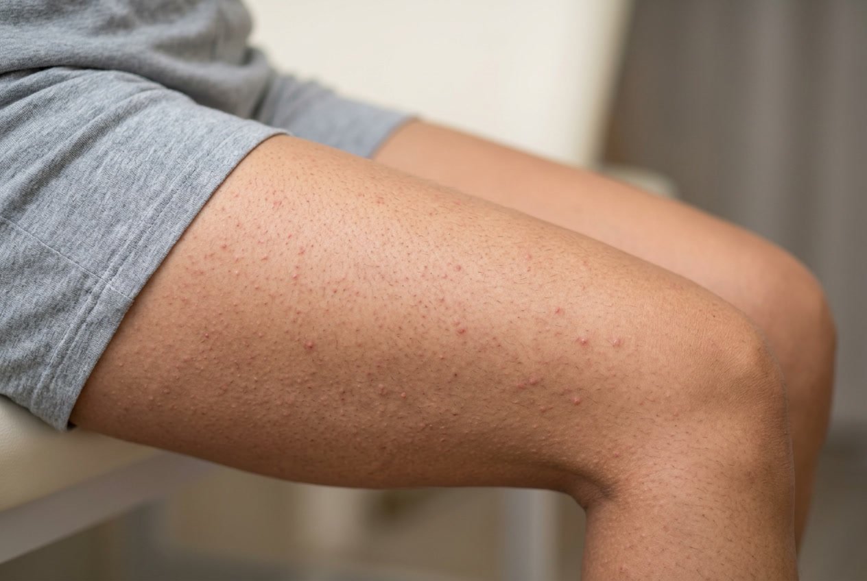 Close-up of a person's upper thighs showing small bumps on the skin known as chicken skin.