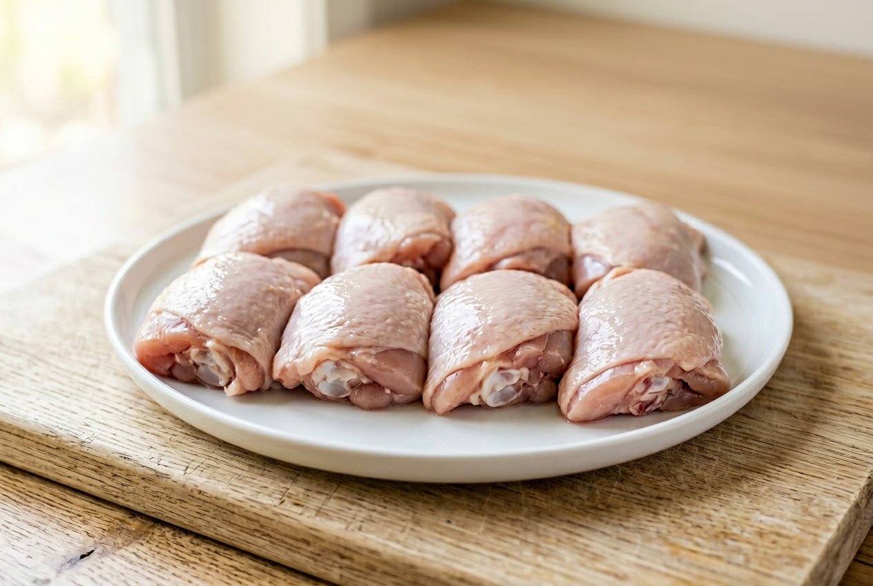 Raw chicken thighs arranged on a white plate on a wooden surface.