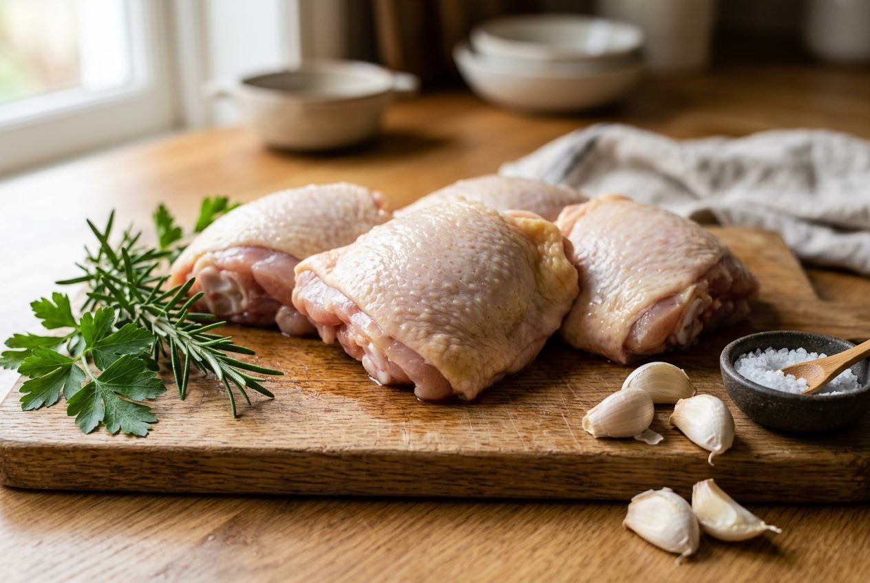 Close-up of raw chicken thighs on a wooden cutting board with herbs and garlic around them.