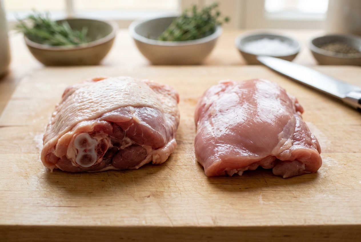 Two raw chicken thighs side by side on a cutting board, one with bone and one boneless.