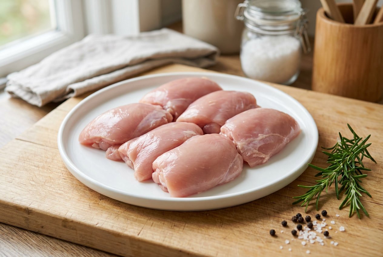 Raw chicken thigh fillets arranged on a white plate with rosemary and peppercorns on a wooden cutting board.