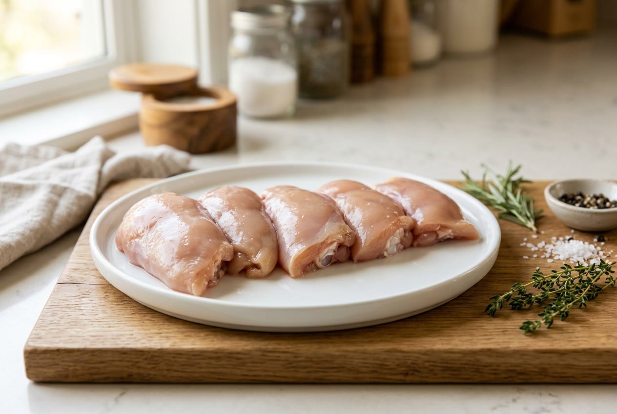 Raw chicken thigh fillets arranged on a white plate with fresh herbs on a wooden cutting board.