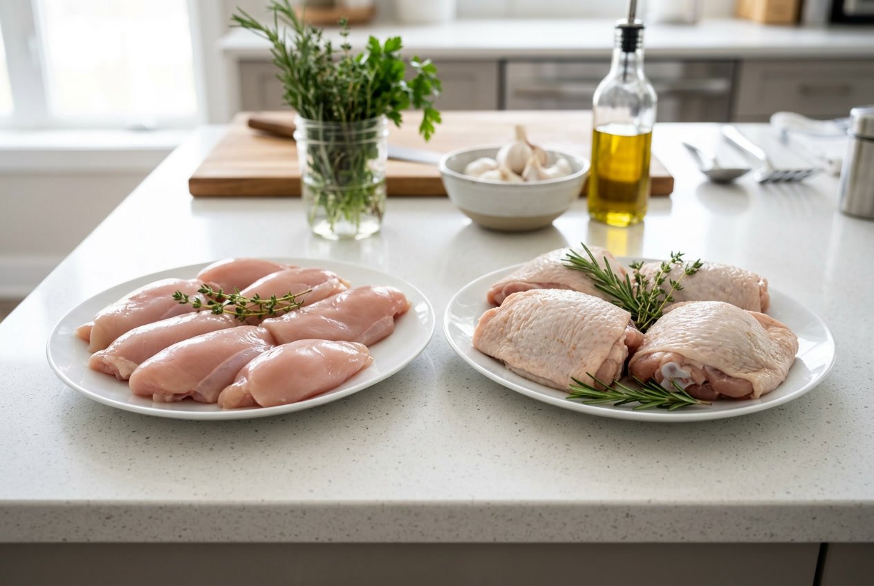 Two plates on a kitchen counter showing raw chicken thigh fillets on one and whole chicken thighs on the other, with herbs in the background.